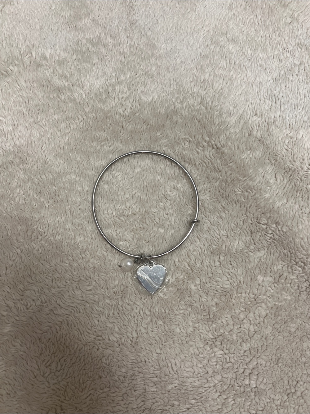 Silver Heart Charm Bangle Bracelet with Pearl Accent